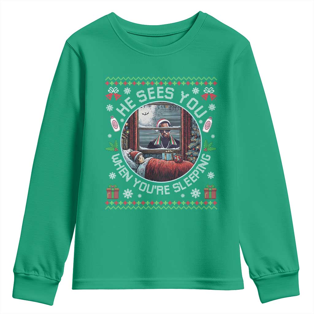 Funny Christmas Diddy Youth Sweatshirt He Sees You When You Are Sleeping Baby Oil Ugly Xmas TS11 Irish Green Print Your Wear