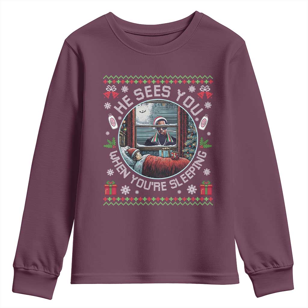 Funny Christmas Diddy Youth Sweatshirt He Sees You When You Are Sleeping Baby Oil Ugly Xmas TS11 Maroon Print Your Wear