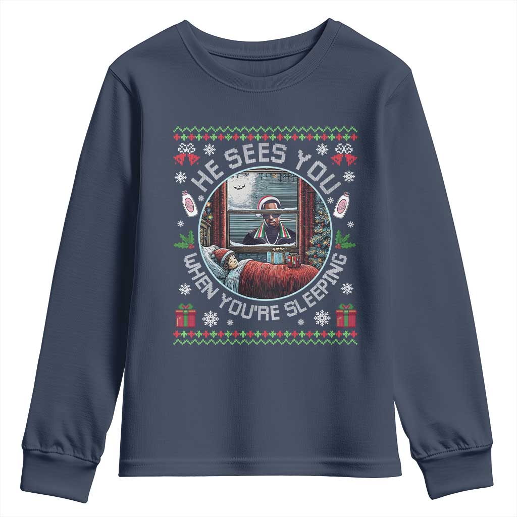 Funny Christmas Diddy Youth Sweatshirt He Sees You When You Are Sleeping Baby Oil Ugly Xmas TS11 Navy Print Your Wear