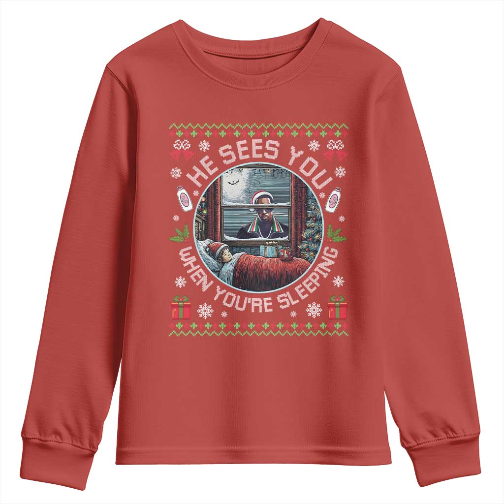 Funny Christmas Diddy Youth Sweatshirt He Sees You When You Are Sleeping Baby Oil Ugly Xmas TS11 Red Print Your Wear