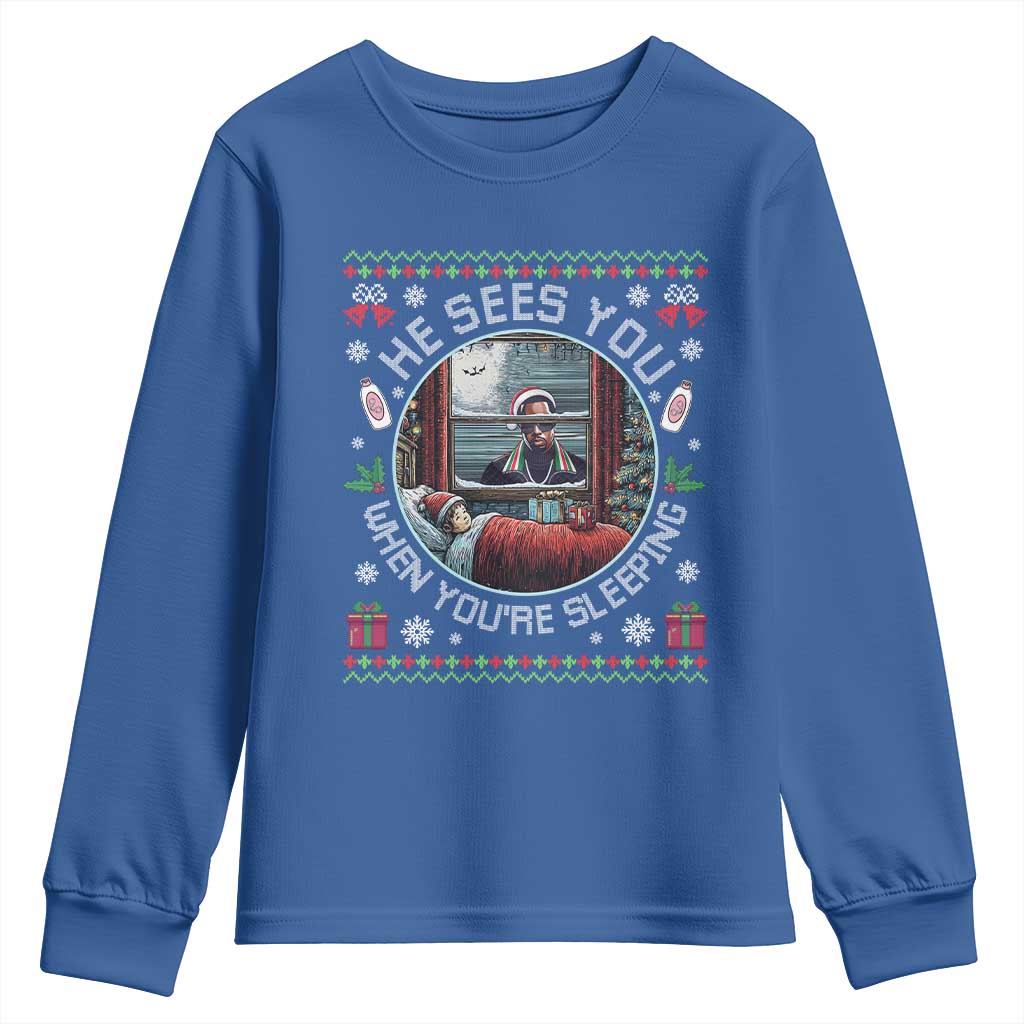 Funny Christmas Diddy Youth Sweatshirt He Sees You When You Are Sleeping Baby Oil Ugly Xmas TS11 Royal Blue Print Your Wear