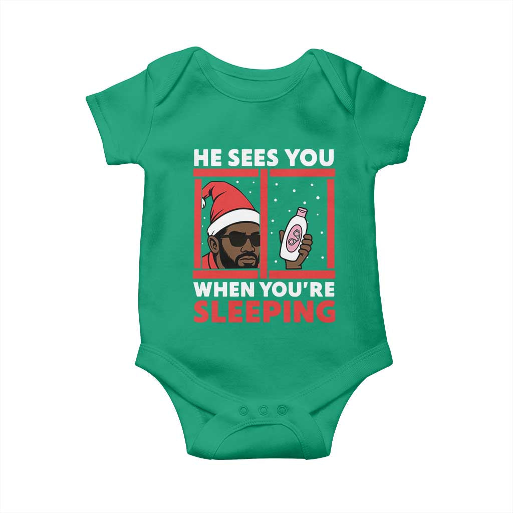 Funny Christmas Diddy Baby Onesie He Sees You When You Are Sleeping Baby Oil TS11 Irish Green Print Your Wear