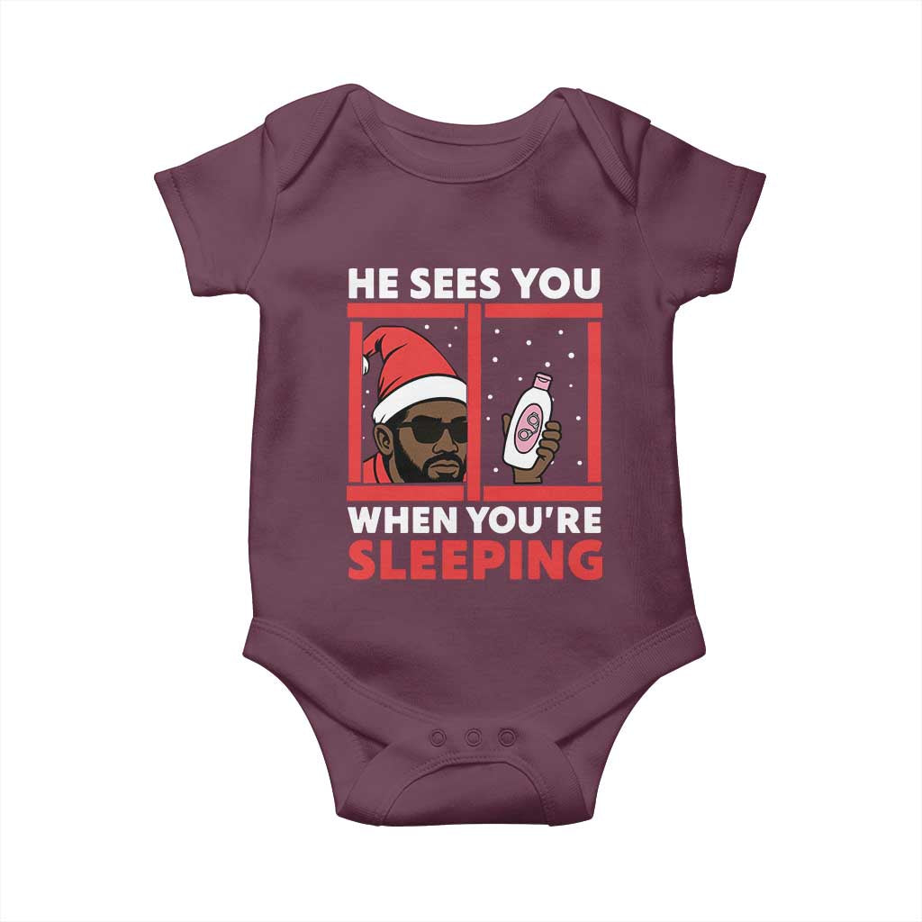 Funny Christmas Diddy Baby Onesie He Sees You When You Are Sleeping Baby Oil TS11 Maroon Print Your Wear