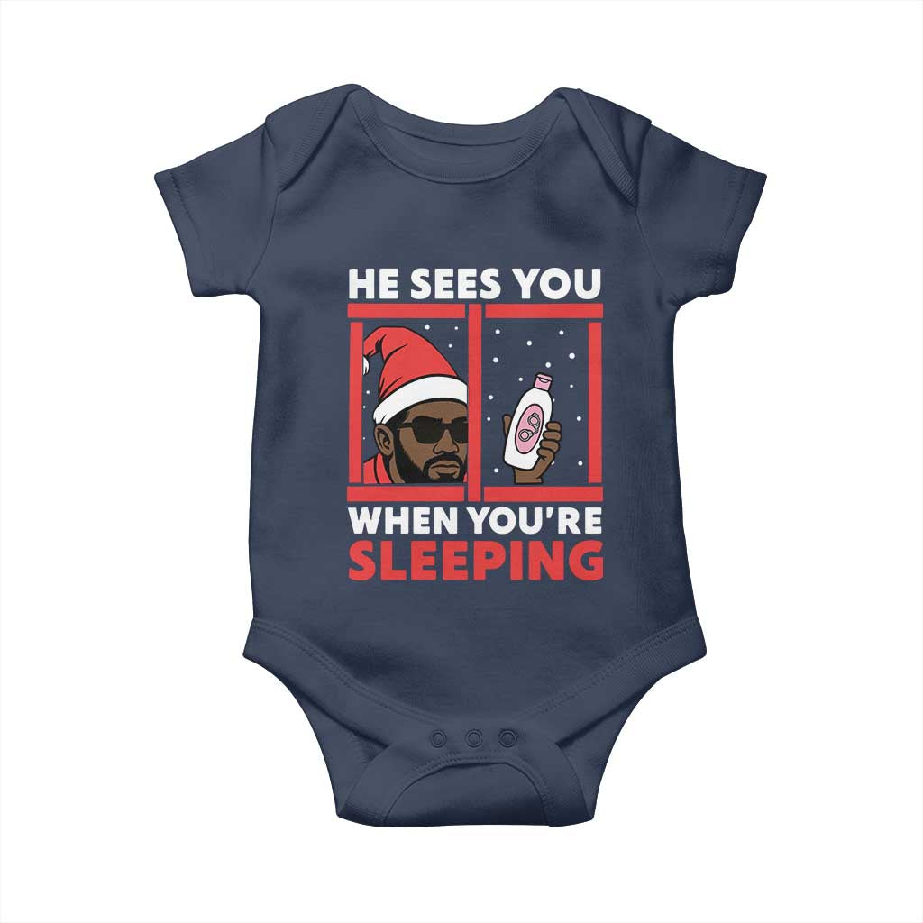 Funny Christmas Diddy Baby Onesie He Sees You When You Are Sleeping Baby Oil TS11 Navy Print Your Wear