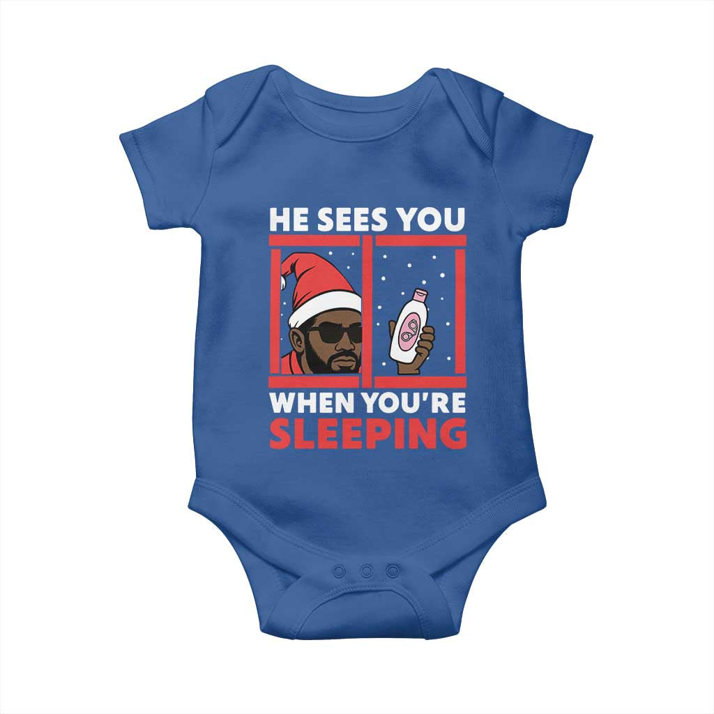 Funny Christmas Diddy Baby Onesie He Sees You When You Are Sleeping Baby Oil TS11 Royal Blue Print Your Wear