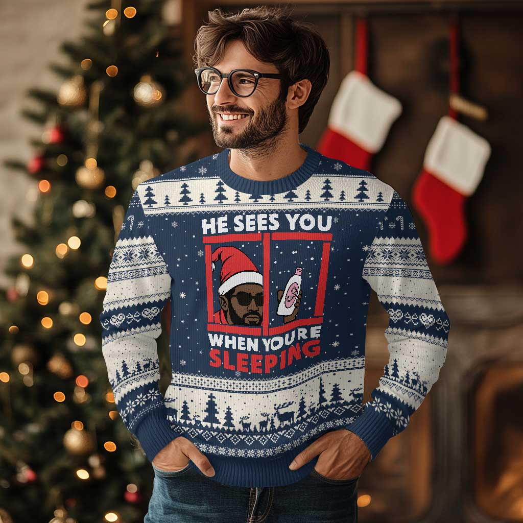 Funny Xmas Diddy Ugly Christmas Sweater He Sees You When You Are Sleeping Baby Oil TS11 Navy Beige Print Your Wear