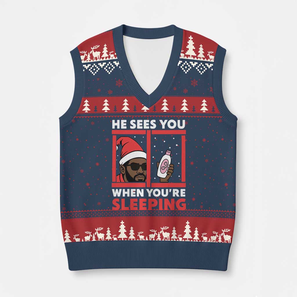 Funny Xmas Diddy V-Neck Knit Sweater Vest He Sees You When You Are Sleeping Baby Oil TS11 Navy Red Print Your Wear