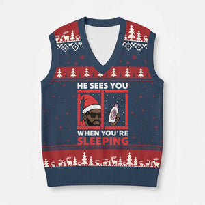Funny Xmas Diddy V-Neck Knit Sweater Vest He Sees You When You Are Sleeping Baby Oil TS11 Navy Red Print Your Wear