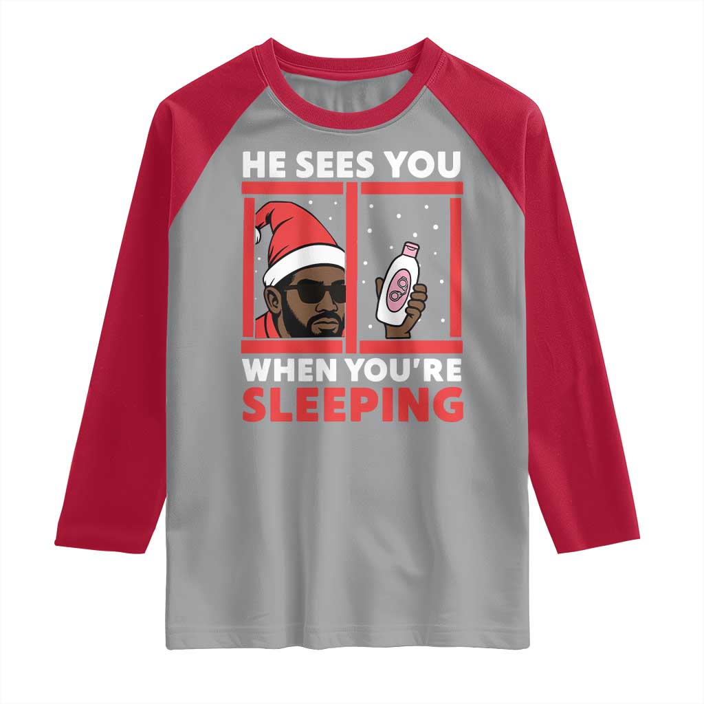 Funny Christmas Diddy Raglan Shirt He Sees You When You Are Sleeping Baby Oil TS11 Sport Gray Red Print Your Wear