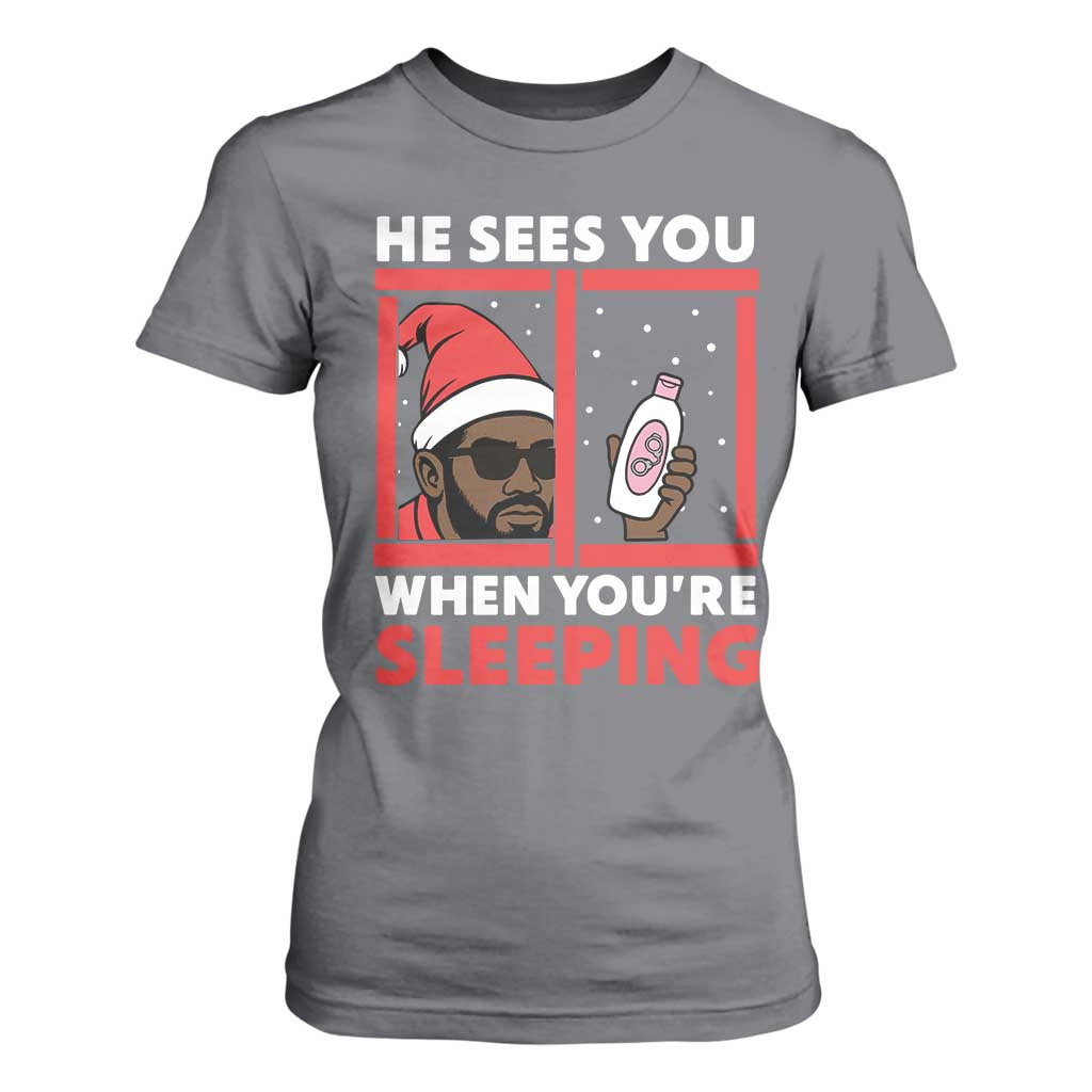 Funny Christmas Diddy T Shirt For Women He Sees You When You Are Sleeping Baby Oil TS11 Charcoal Print Your Wear