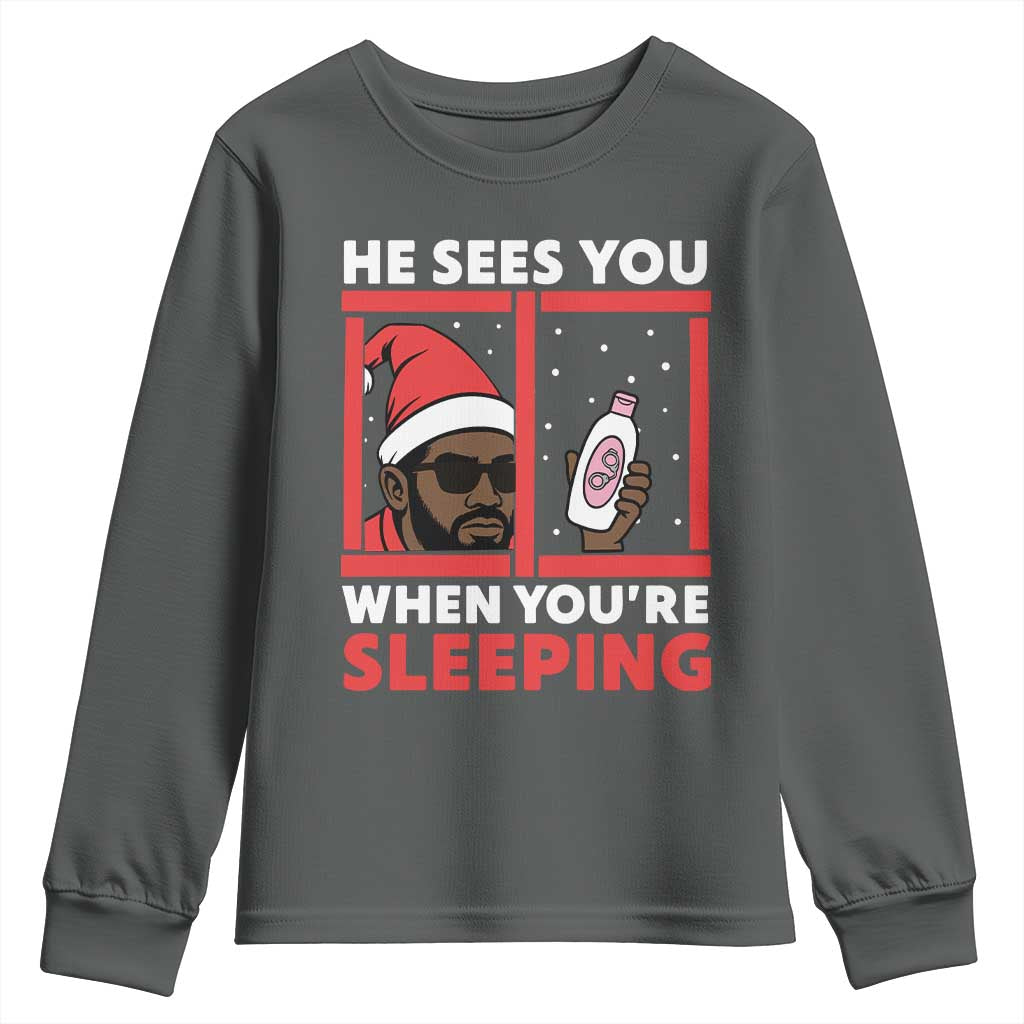 Funny Christmas Diddy Youth Sweatshirt He Sees You When You Are Sleeping Baby Oil TS11 Dark Heather Print Your Wear