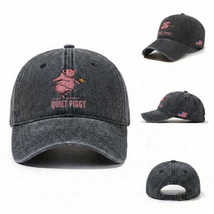 Funny Quiet Piggy Washed Cotton Baseball Cap Pig Political Humor No King TS11 Washed Cap Universal Fit Dark Gray Print Your Wear