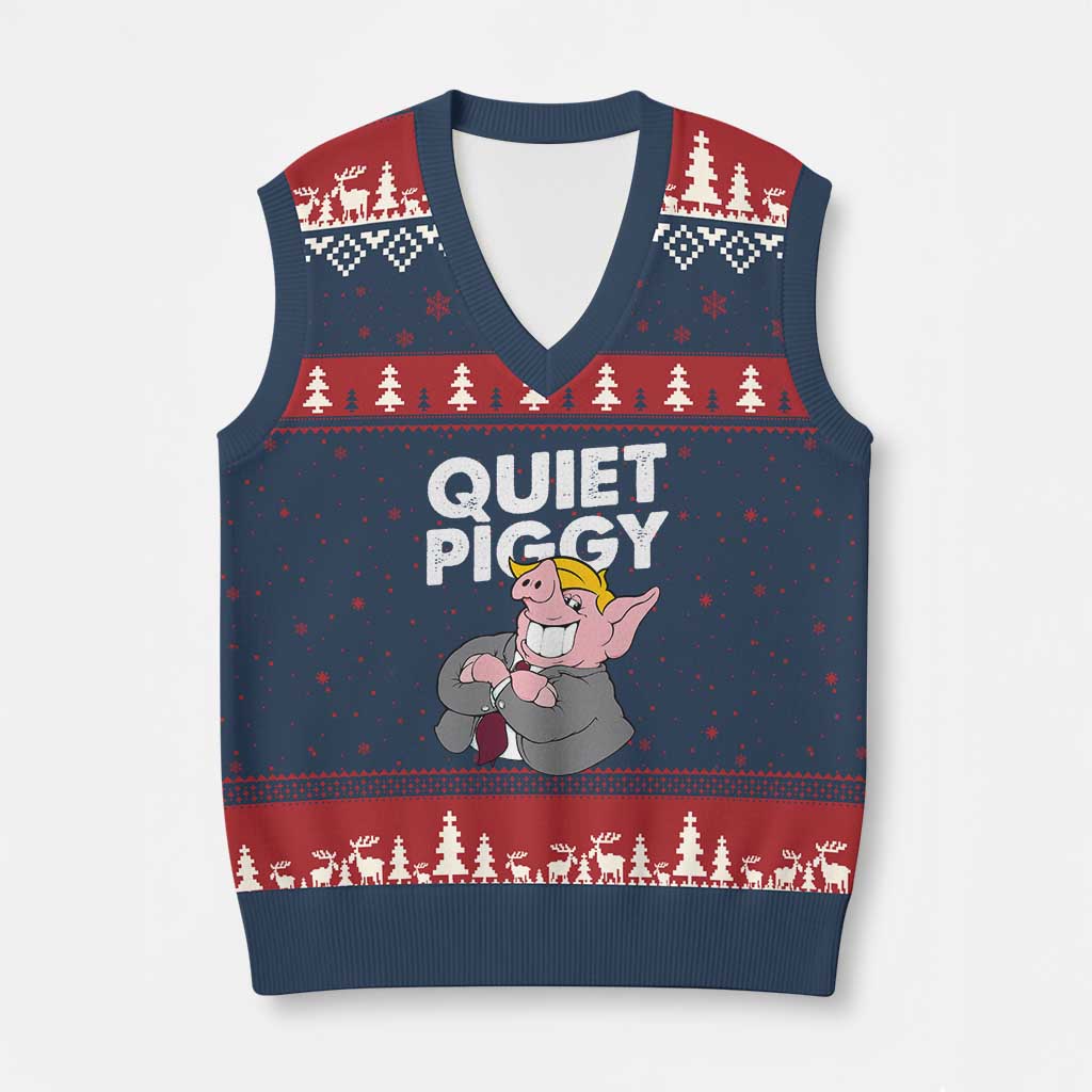 Funny Quiet Piggy Trump V-Neck Knit Sweater Vest Pig Political Humor TS11 Navy Red Print Your Wear