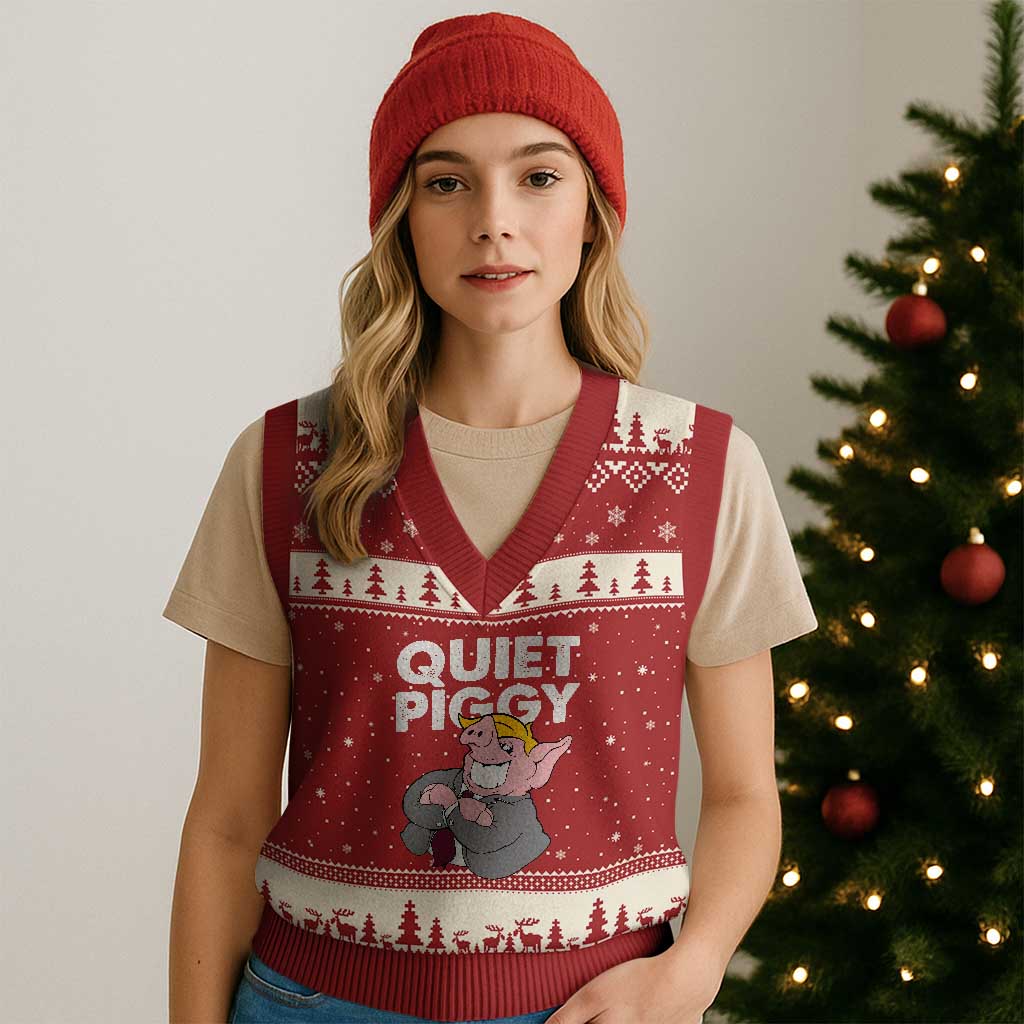 Funny Quiet Piggy Trump V-Neck Knit Sweater Vest Pig Political Humor TS11 Red Beige Print Your Wear