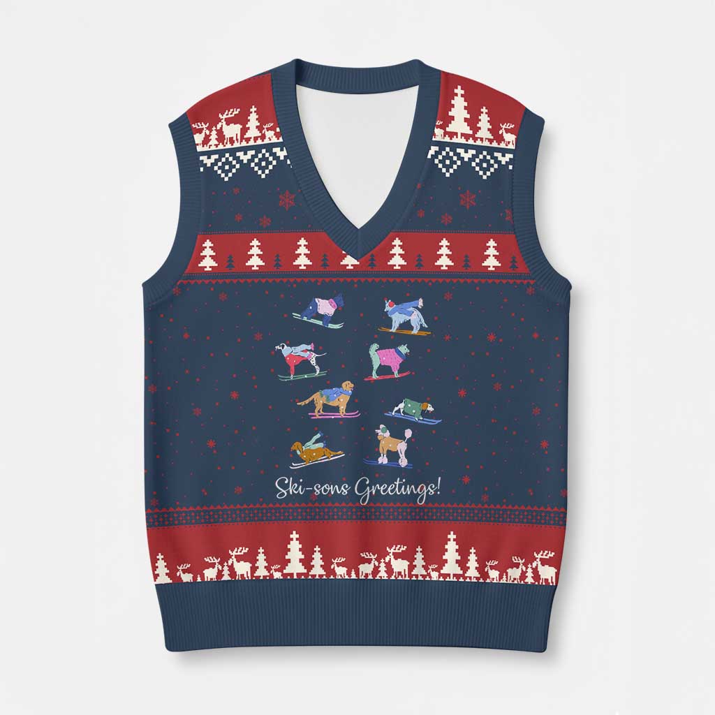 Funny Skiing Dog V-Neck Knit Sweater Vest Ski Sons Greetings Ski Winter Sport TS11 Navy Red Print Your Wear