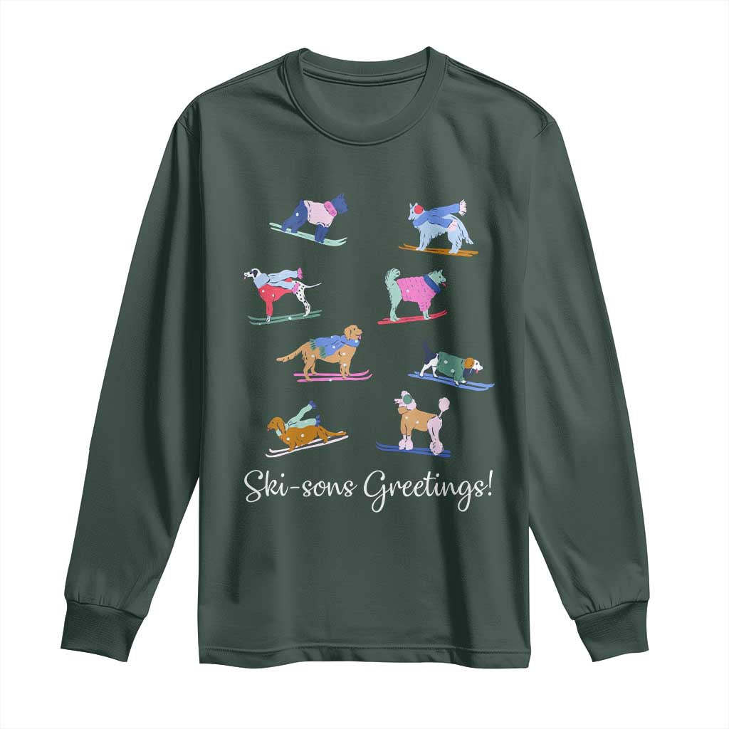 Funny Skiing Dog Long Sleeve Shirt Ski Sons Greetings Ski Winter Sport TS11 Dark Forest Green Print Your Wear