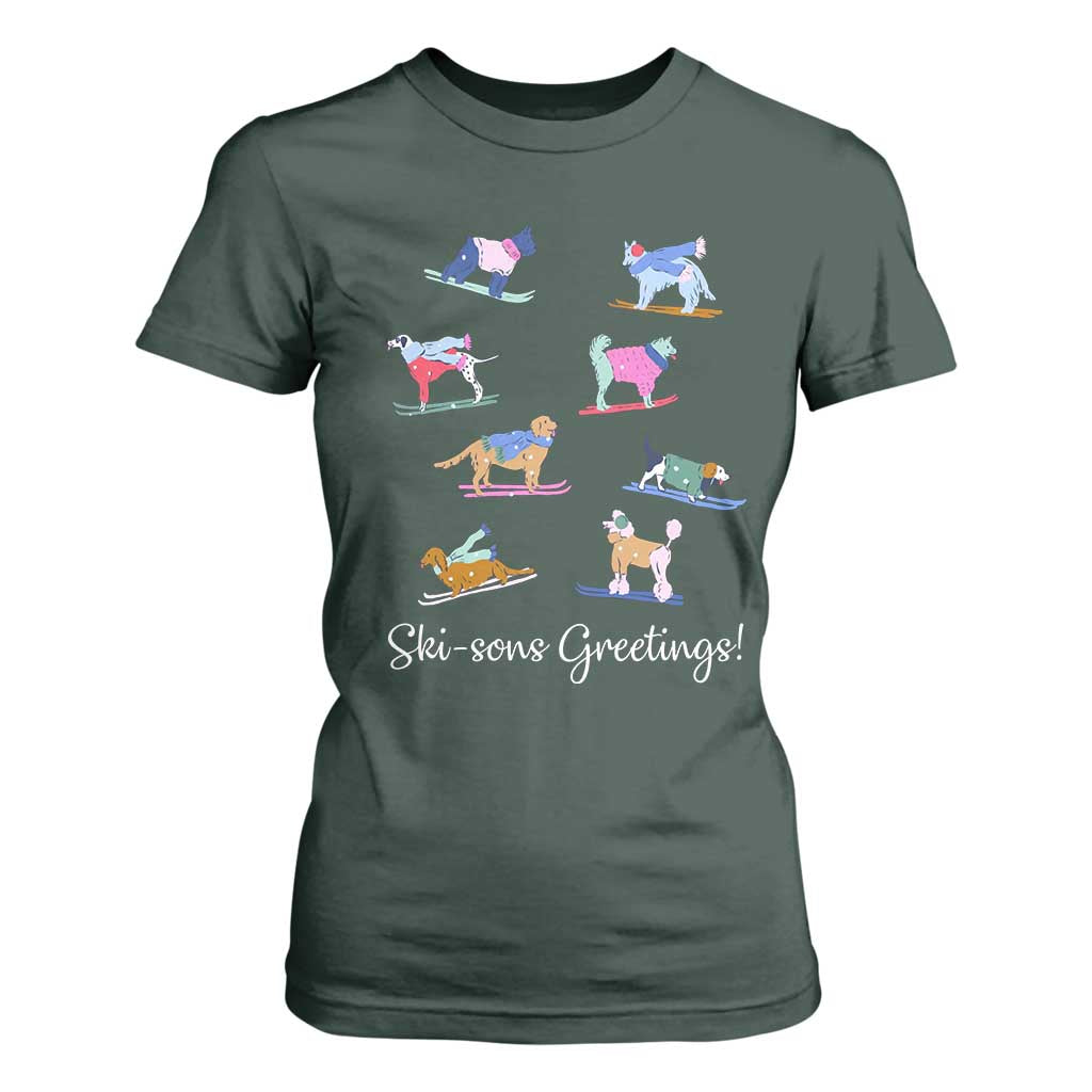 Funny Skiing Dog T Shirt For Women Ski Sons Greetings Ski Winter Sport TS11 Dark Forest Green Print Your Wear