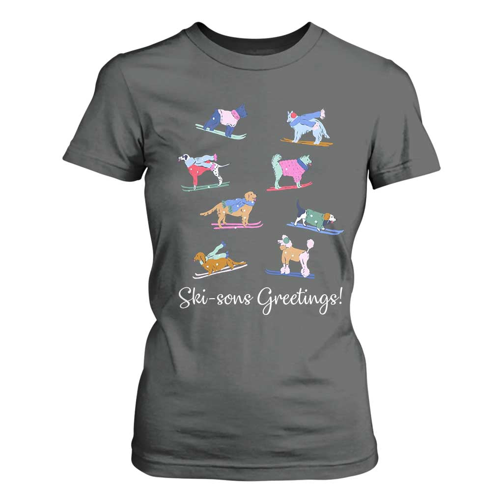 Funny Skiing Dog T Shirt For Women Ski Sons Greetings Ski Winter Sport TS11 Dark Heather Print Your Wear