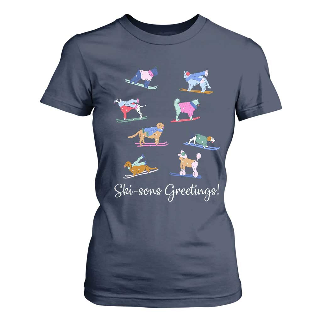 Funny Skiing Dog T Shirt For Women Ski Sons Greetings Ski Winter Sport TS11 Navy Print Your Wear