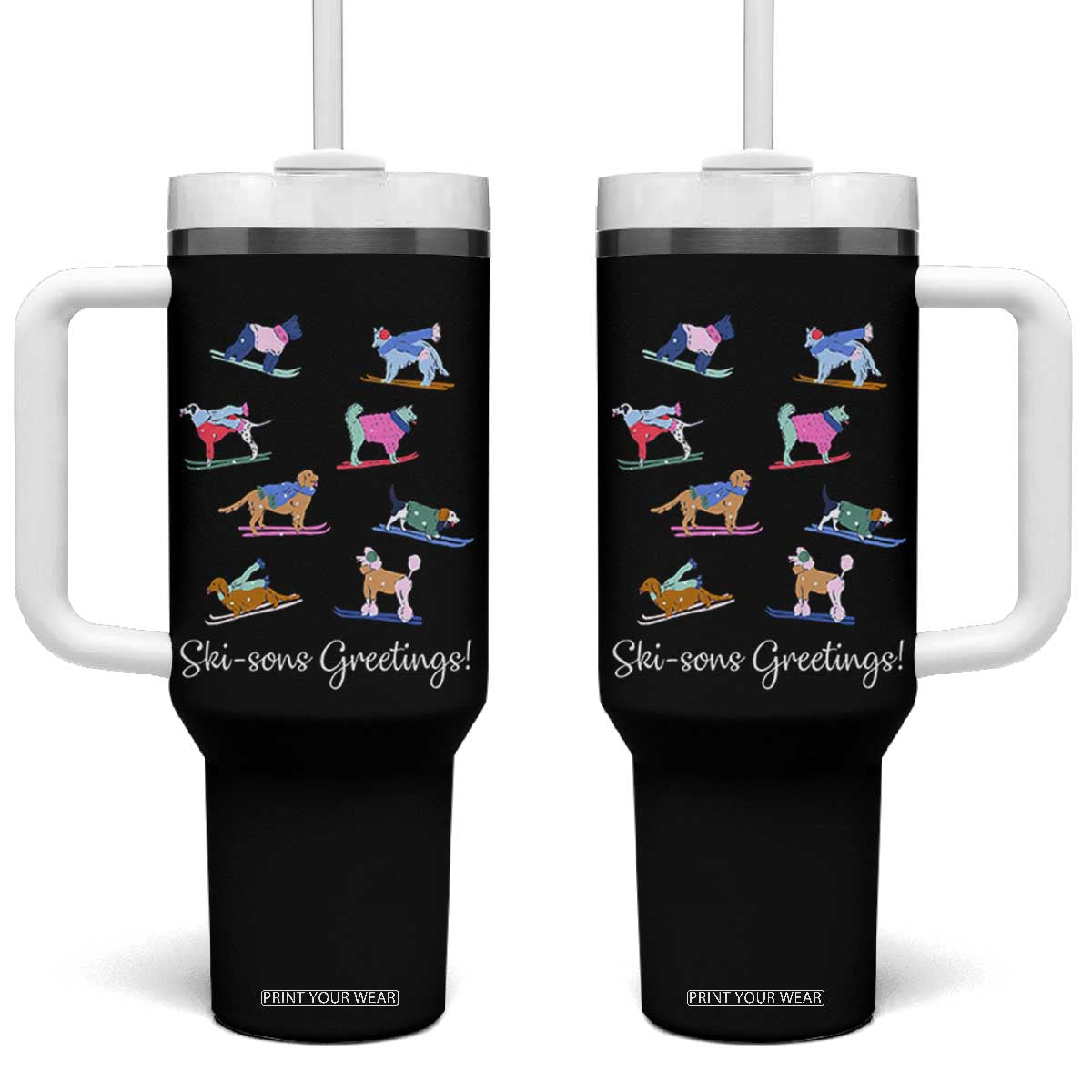 Funny Skiing Dog Tumbler With Handle Ski Sons Greetings Ski Winter Sport TS11 One Size: 40 oz Black Print Your Wear