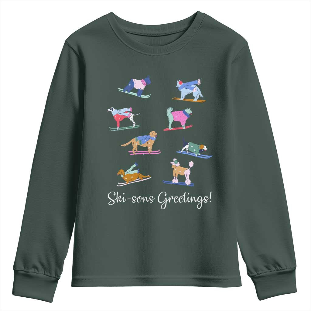 Funny Skiing Dog Youth Sweatshirt Ski Sons Greetings Ski Winter Sport TS11 Dark Forest Green Print Your Wear