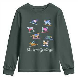 Funny Skiing Dog Youth Sweatshirt Ski Sons Greetings Ski Winter Sport TS11 Dark Forest Green Print Your Wear