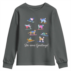 Funny Skiing Dog Youth Sweatshirt Ski Sons Greetings Ski Winter Sport TS11 Dark Heather Print Your Wear