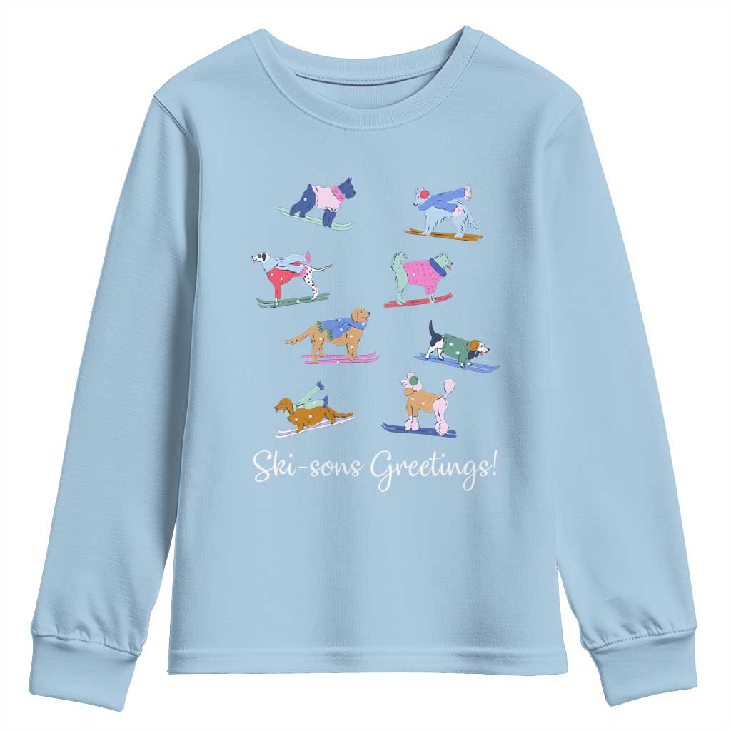 Funny Skiing Dog Youth Sweatshirt Ski Sons Greetings Ski Winter Sport TS11 Light Blue Print Your Wear