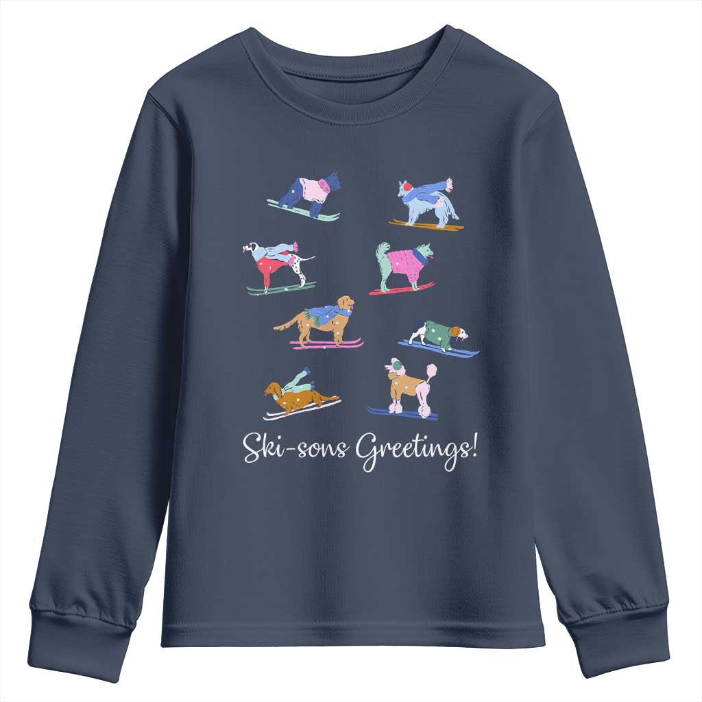 Funny Skiing Dog Youth Sweatshirt Ski Sons Greetings Ski Winter Sport TS11 Navy Print Your Wear