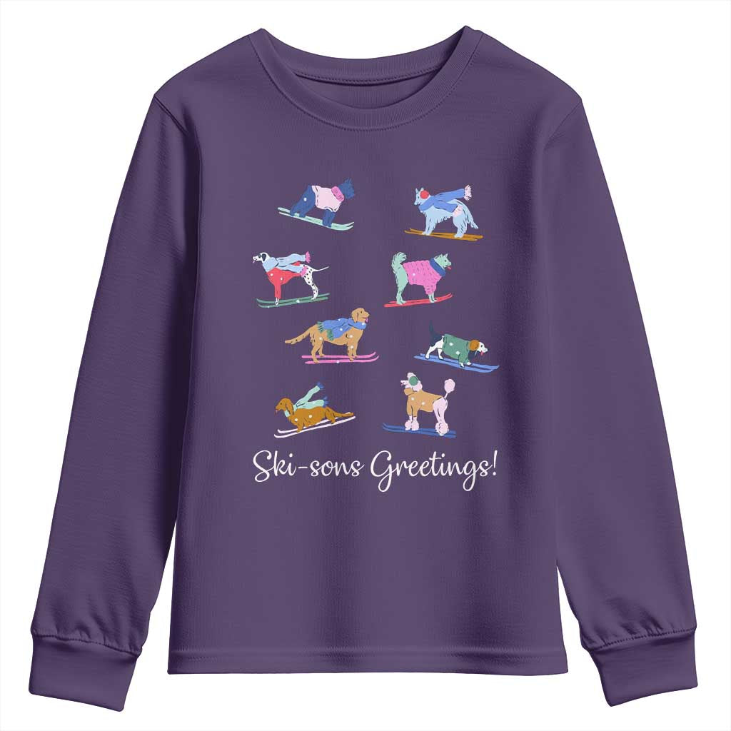 Funny Skiing Dog Youth Sweatshirt Ski Sons Greetings Ski Winter Sport TS11 Purple Print Your Wear