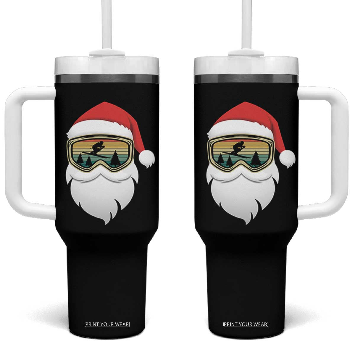 Funny Ski Christmas Winter Sport Skiing Santa Hat Tumbler With Handle TS11 One Size: 40 oz Black Print Your Wear