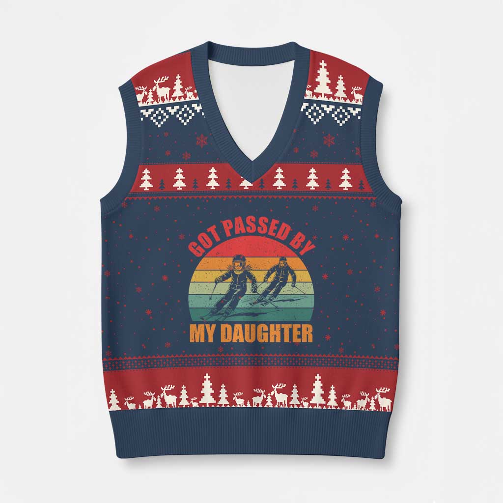 Funny Skiing Ski Dad V-Neck Knit Sweater Vest Got Passed By My Daughter Retro Vintage TS11 Navy Red Print Your Wear