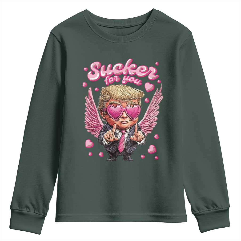 Funny Cupid Trump Valentine's Day Youth Sweatshirt Sucker For You Cupid Hearts TS11 Dark Forest Green Print Your Wear