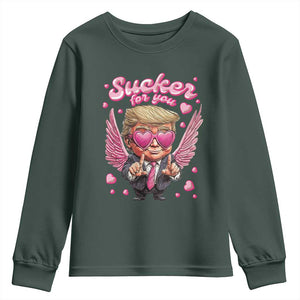 Funny Cupid Trump Valentine's Day Youth Sweatshirt Sucker For You Cupid Hearts TS11 Dark Forest Green Print Your Wear
