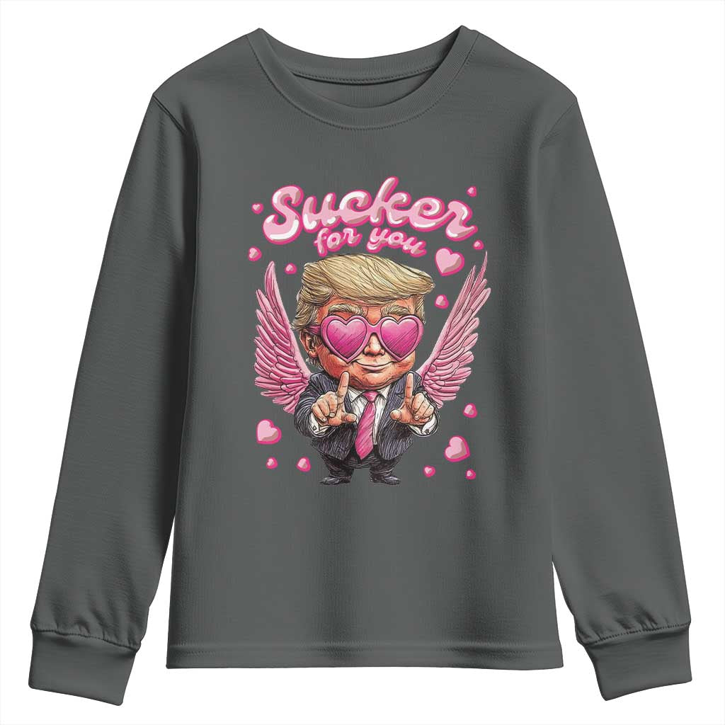 Funny Cupid Trump Valentine's Day Youth Sweatshirt Sucker For You Cupid Hearts TS11 Dark Heather Print Your Wear