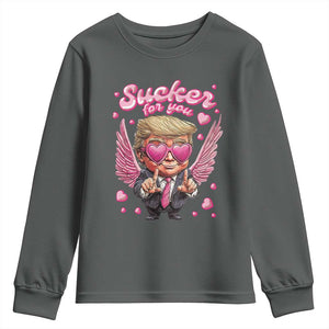 Funny Cupid Trump Valentine's Day Youth Sweatshirt Sucker For You Cupid Hearts TS11 Dark Heather Print Your Wear