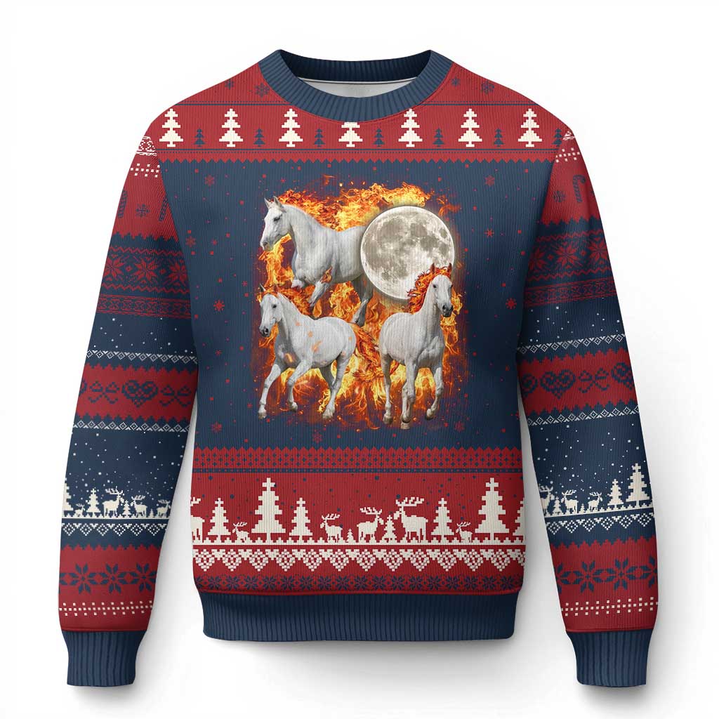 3 Fire Horses Moon Equestrian Ugly Christmas Sweater Year Of The Fire Horse Joke TS11 Navy Red Print Your Wear