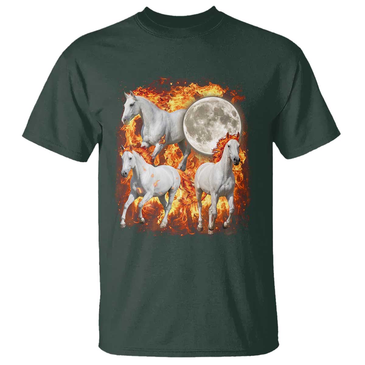 3 Fire Horses Moon Equestrian T Shirt Year Of The Fire Horse Joke TS11 Dark Forest Green Print Your Wear