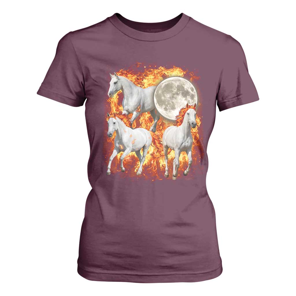 3 Fire Horses Moon Equestrian T Shirt For Women Year Of The Fire Horse Joke TS11 Maroon Print Your Wear