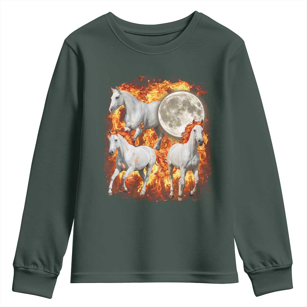 3 Fire Horses Moon Equestrian Youth Sweatshirt Year Of The Fire Horse Joke TS11 Dark Forest Green Print Your Wear