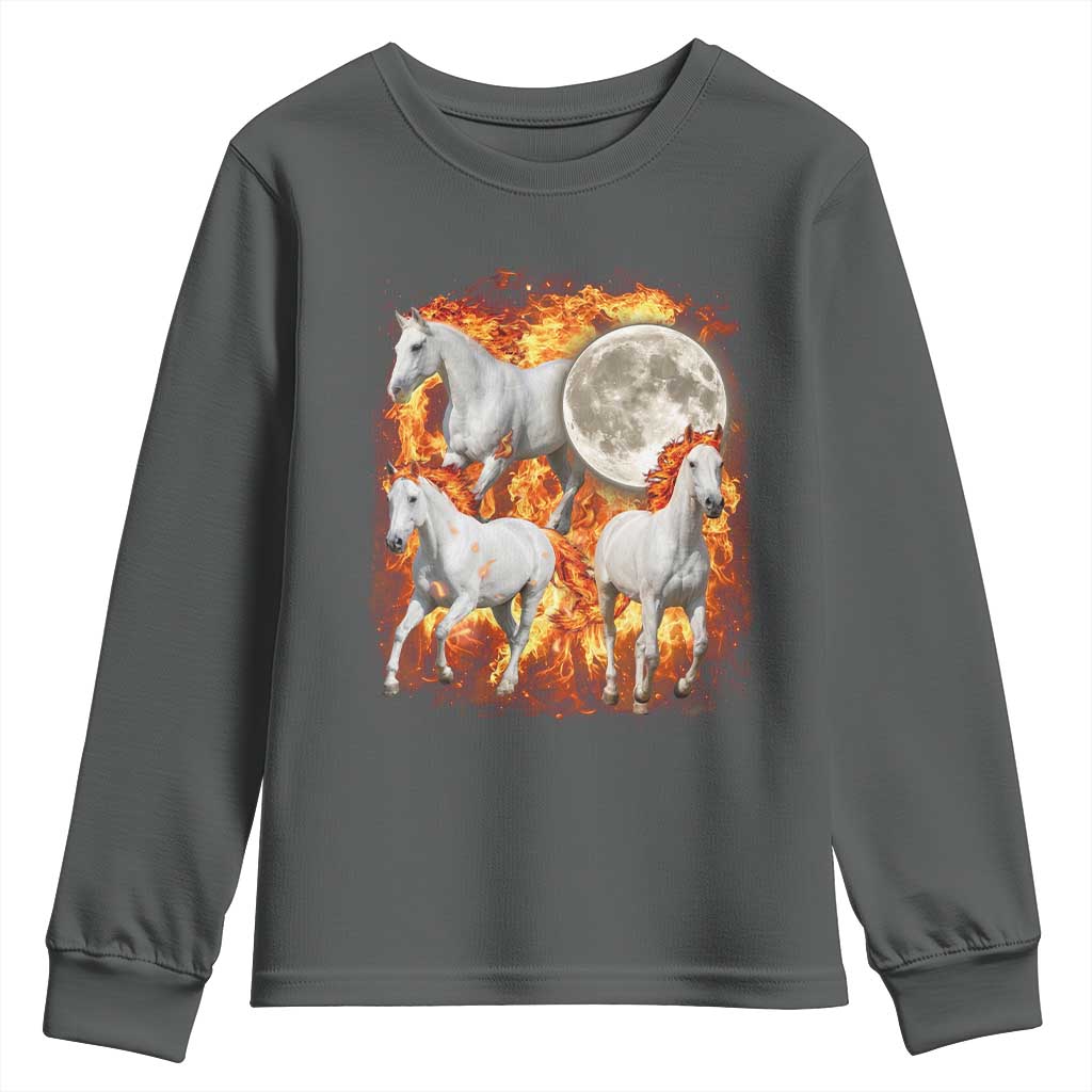 3 Fire Horses Moon Equestrian Youth Sweatshirt Year Of The Fire Horse Joke TS11 Dark Heather Print Your Wear