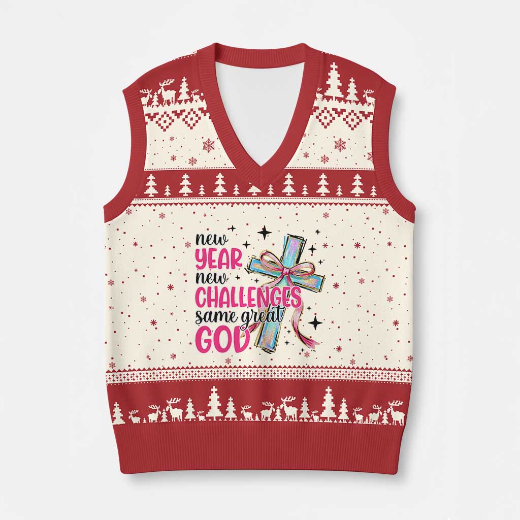 New Year New Challenges Same Great God V-Neck Knit Sweater Vest Christian New Year Eve TS11 Beige Red Print Your Wear