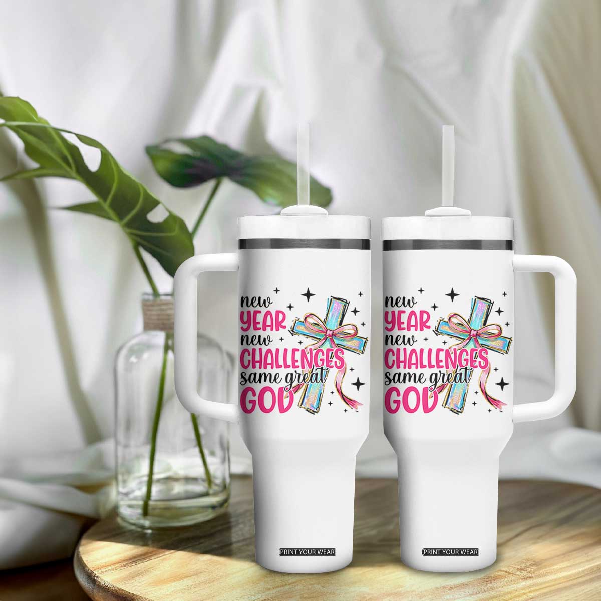 New Year New Challenges Same Great God Tumbler With Handle Christian New Year Eve TS11 Print Your Wear