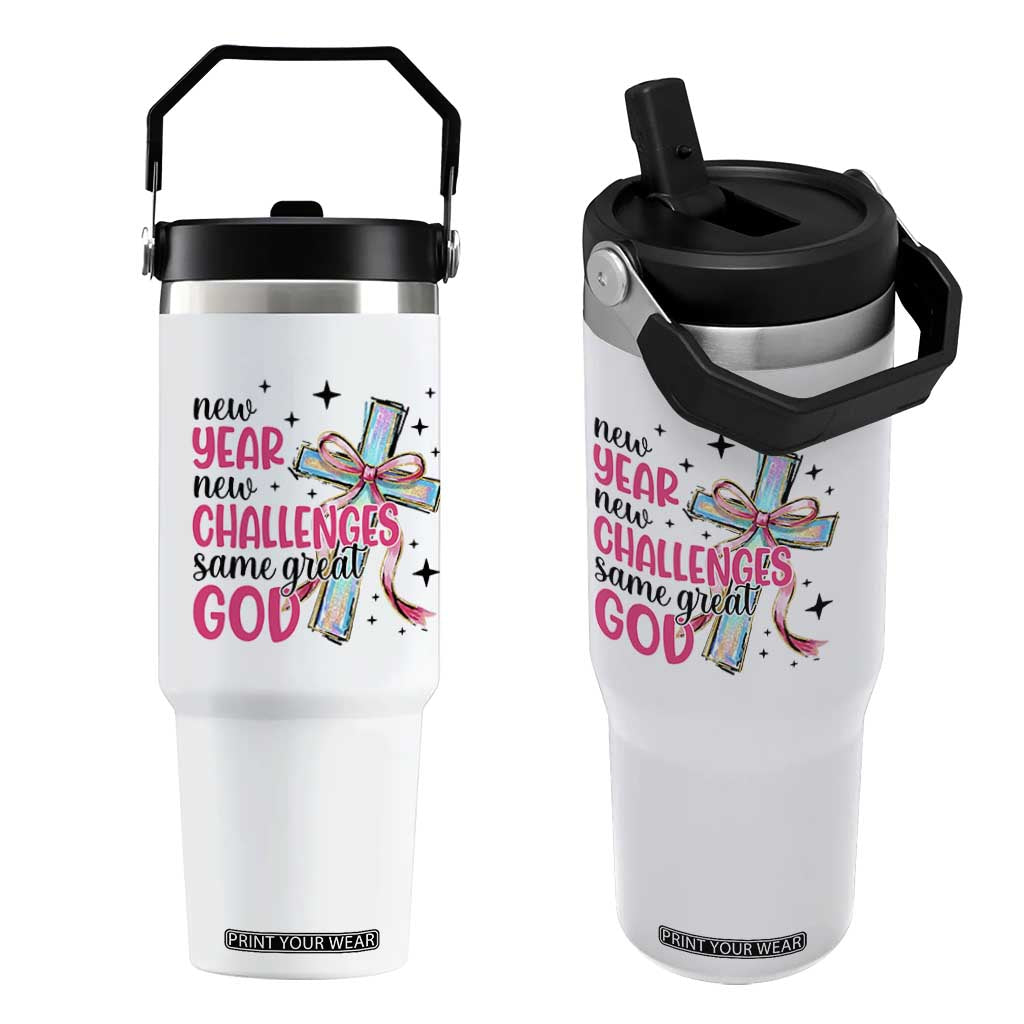 New Year New Challenges Same Great God Flip Straw Tumbler Christian New Year Eve TS11 One Size: 30 oz White Print Your Wear