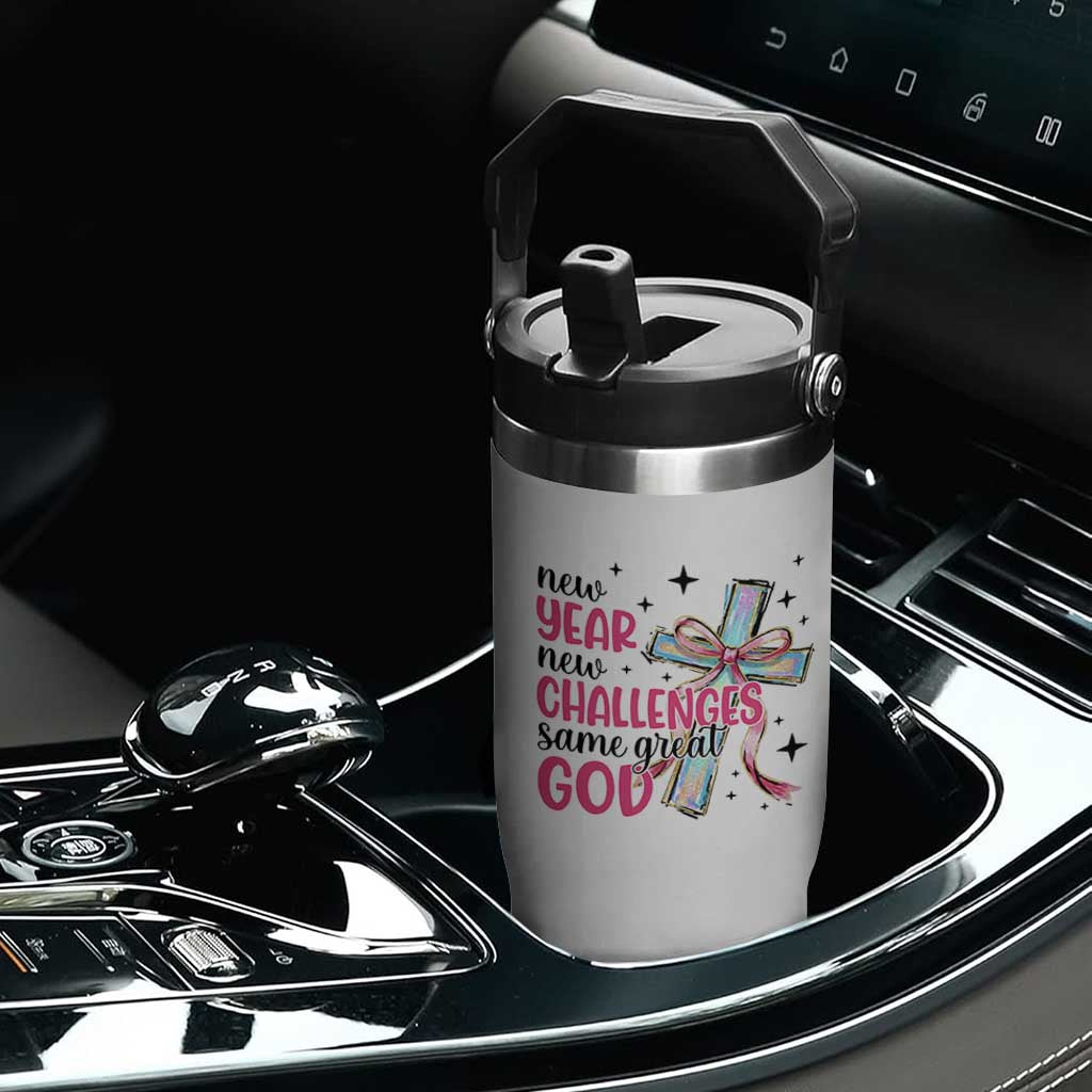 New Year New Challenges Same Great God Flip Straw Tumbler Christian New Year Eve TS11 Print Your Wear
