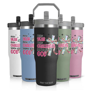 New Year New Challenges Same Great God Flip Straw Tumbler Christian New Year Eve TS11 Print Your Wear