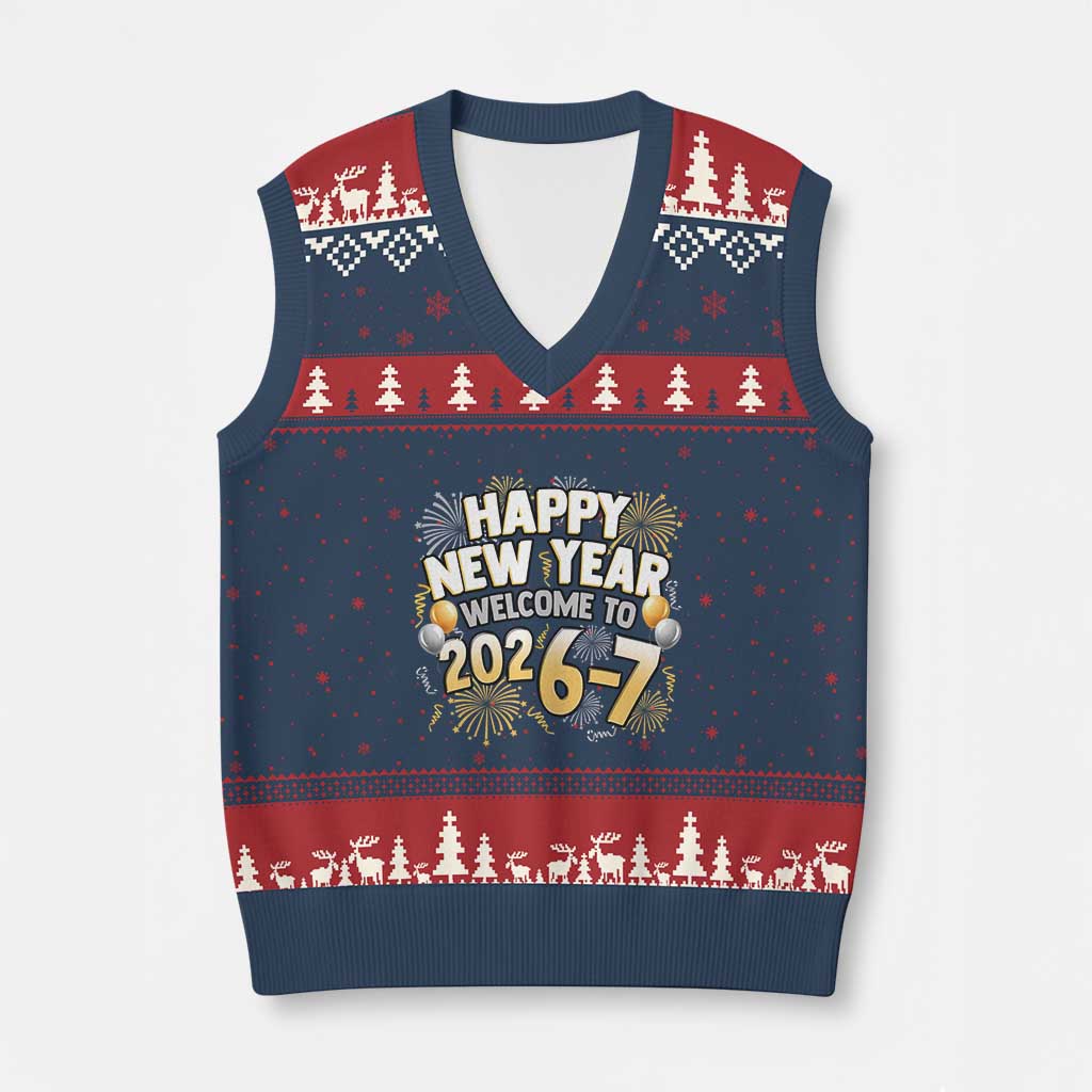 Funny 67 New Year V-Neck Knit Sweater Vest Happy New Year Welcome To 2026 7 TS11 Navy Red Print Your Wear