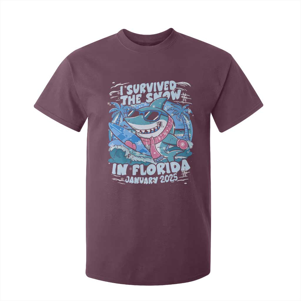 Funny I Survived The Snow In Florida 2025 T Shirt For Kid Shark TS11 Maroon Print Your Wear