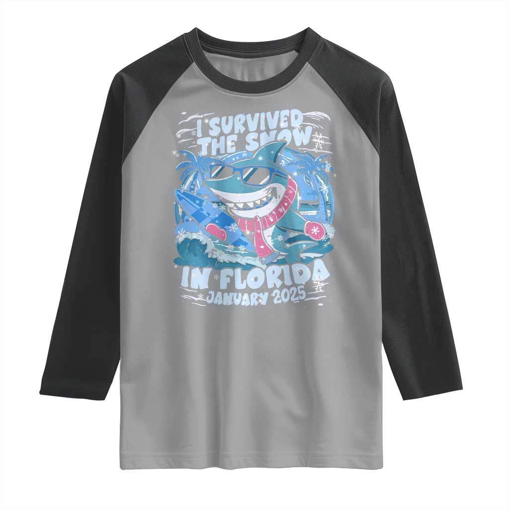 Funny I Survived The Snow In Florida 2025 Raglan Shirt Shark TS11 Sport Gray Black Print Your Wear