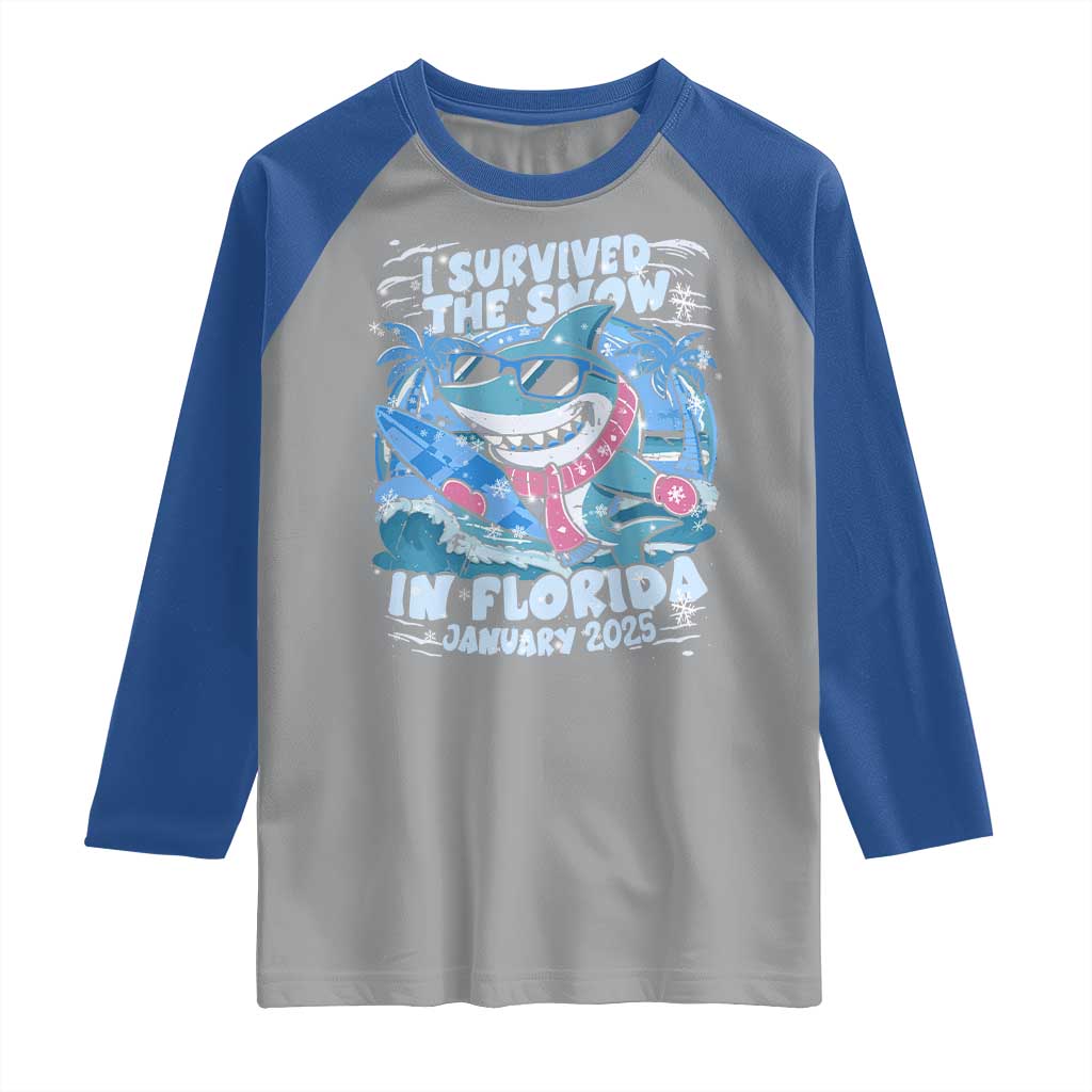Funny I Survived The Snow In Florida 2025 Raglan Shirt Shark TS11 Sport Gray Royal Print Your Wear